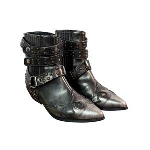 YRU Rodeo Boots Womens Size 6 Gray Western Studded Strappy Ankle Rock Booties